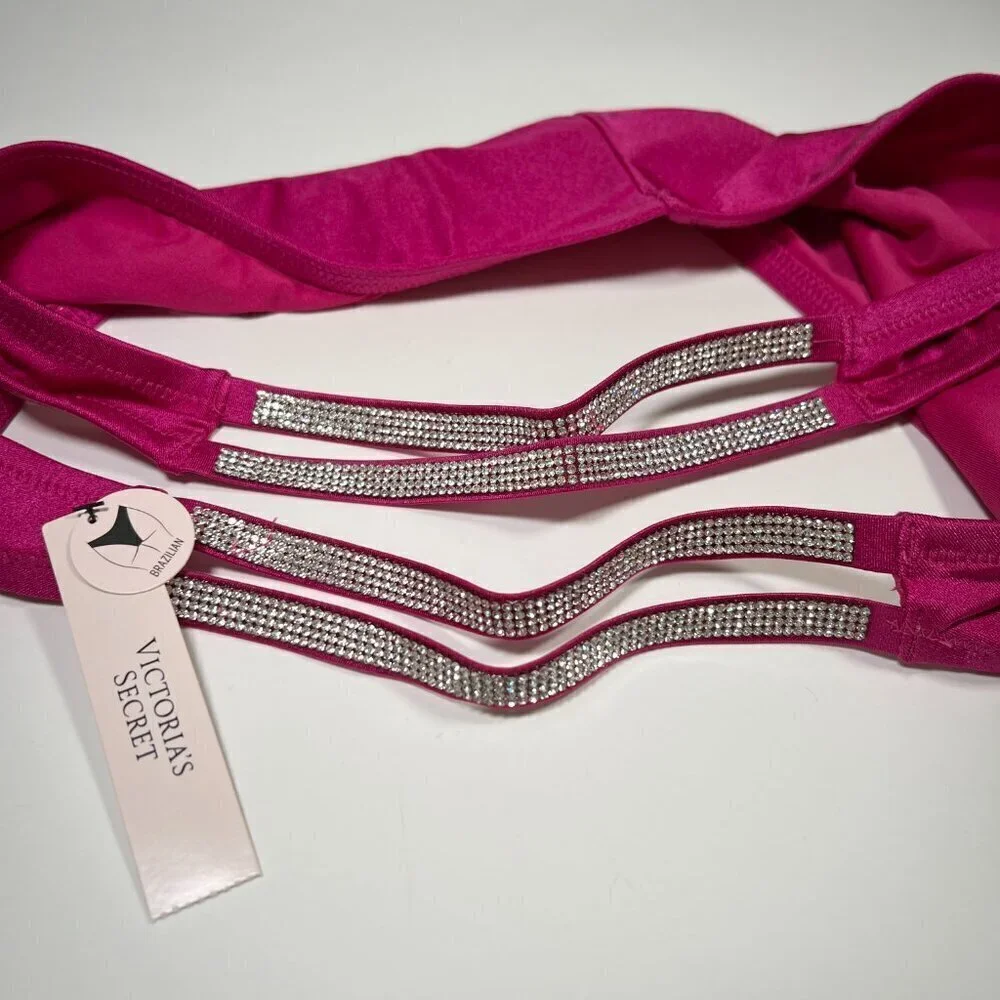 Victoria Secret 36A M Bombshell Push Up Bikini Top Set Shine Strap Berry Blush